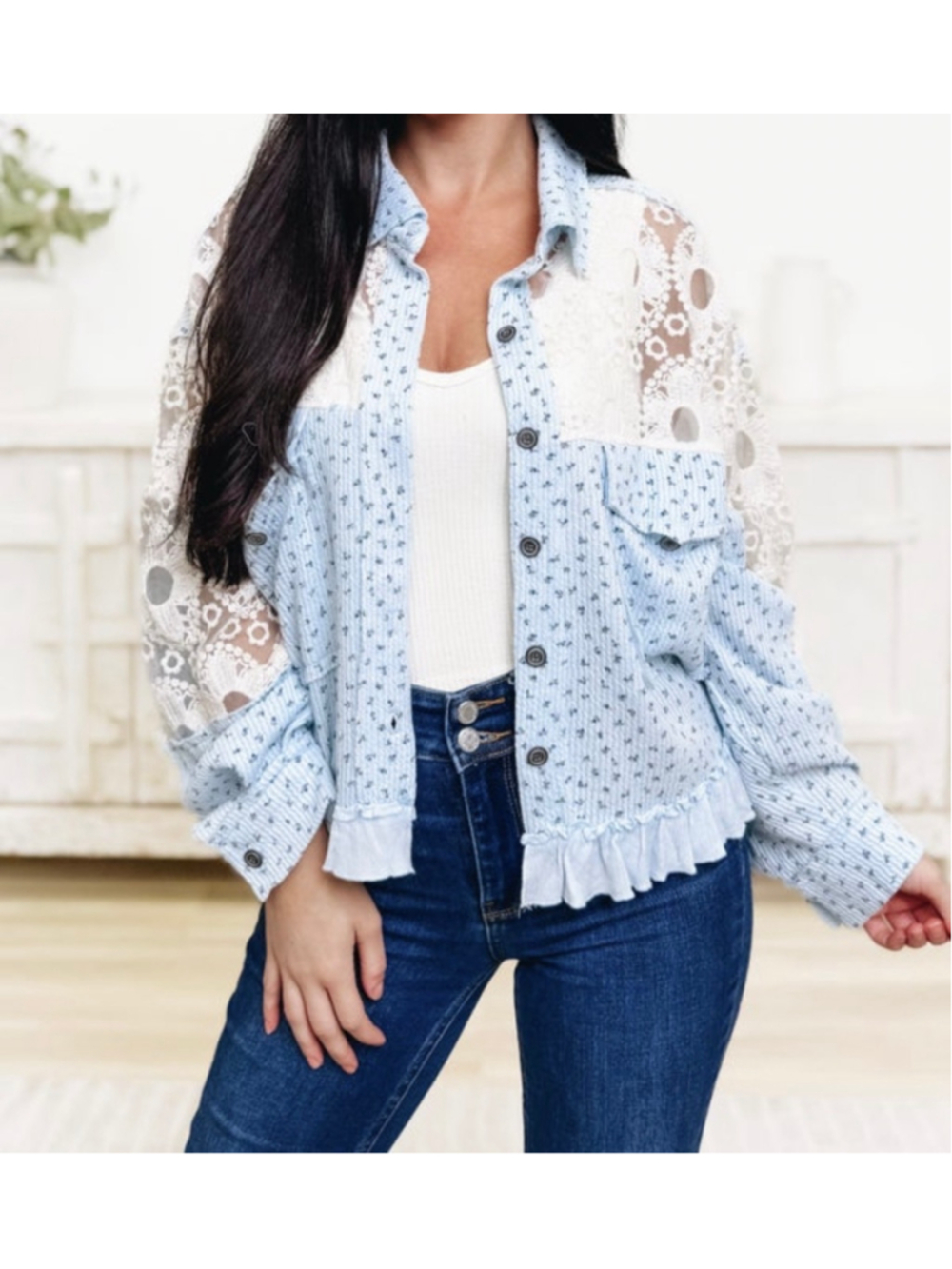 Women's Pol Floral Button Down Shirt, Size M, Blue and White